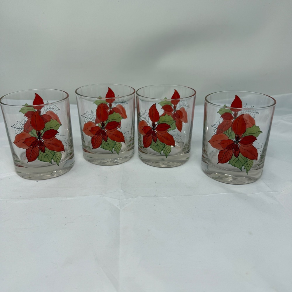 Vintage Poinsettia Crisal Portugal Old Fashioned Glasses - Set of 4